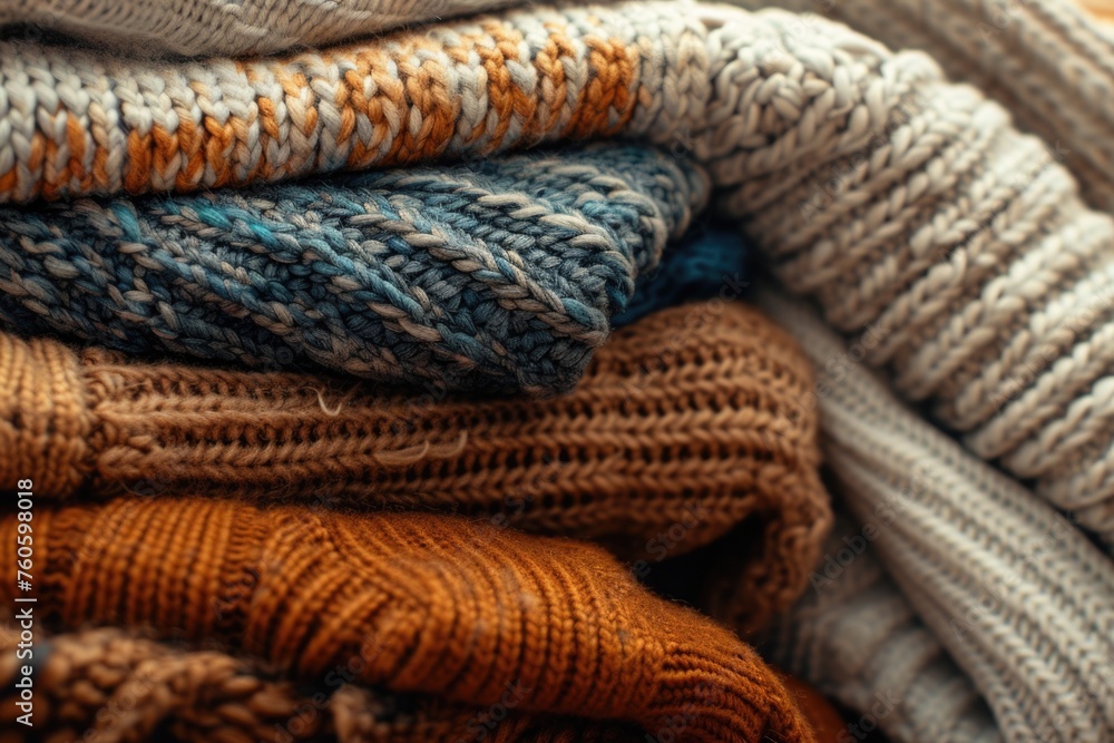 A pile of sweaters stacked on top of each other. Perfect for clothing stores or winter fashion concepts A pile of sweaters stacked on top of each other. Perfect for clothing stores or winter fashion concepts