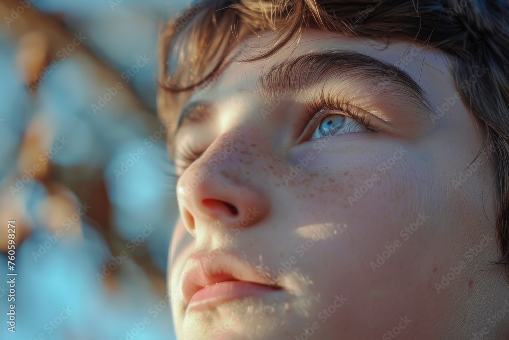 A detailed close-up of a person with freckles. Ideal for beauty and skincare concepts