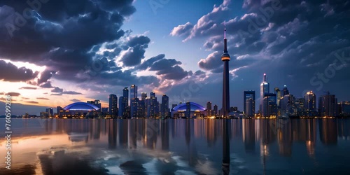 Serene Dusk Reflections on Waterfront Cityscape Horizon. photo