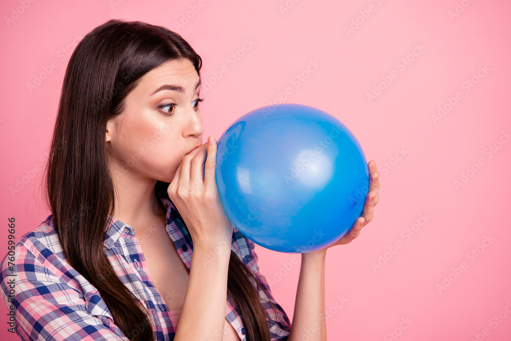 Close-up profile side view portrait of nice attractive cute charming lovely funny straight-haired lady wearing checked shirt blowing air ball isolated over pink background Close-up profile side view portrait of nice attractive cute charming lovely funny straight-haired lady wearing checked shirt blowing air ball isolated over pink background