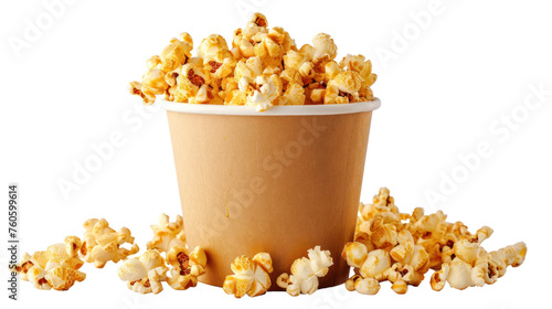 Popcorn in a bucket for a movie-watching snack. Isolated on transparent background.