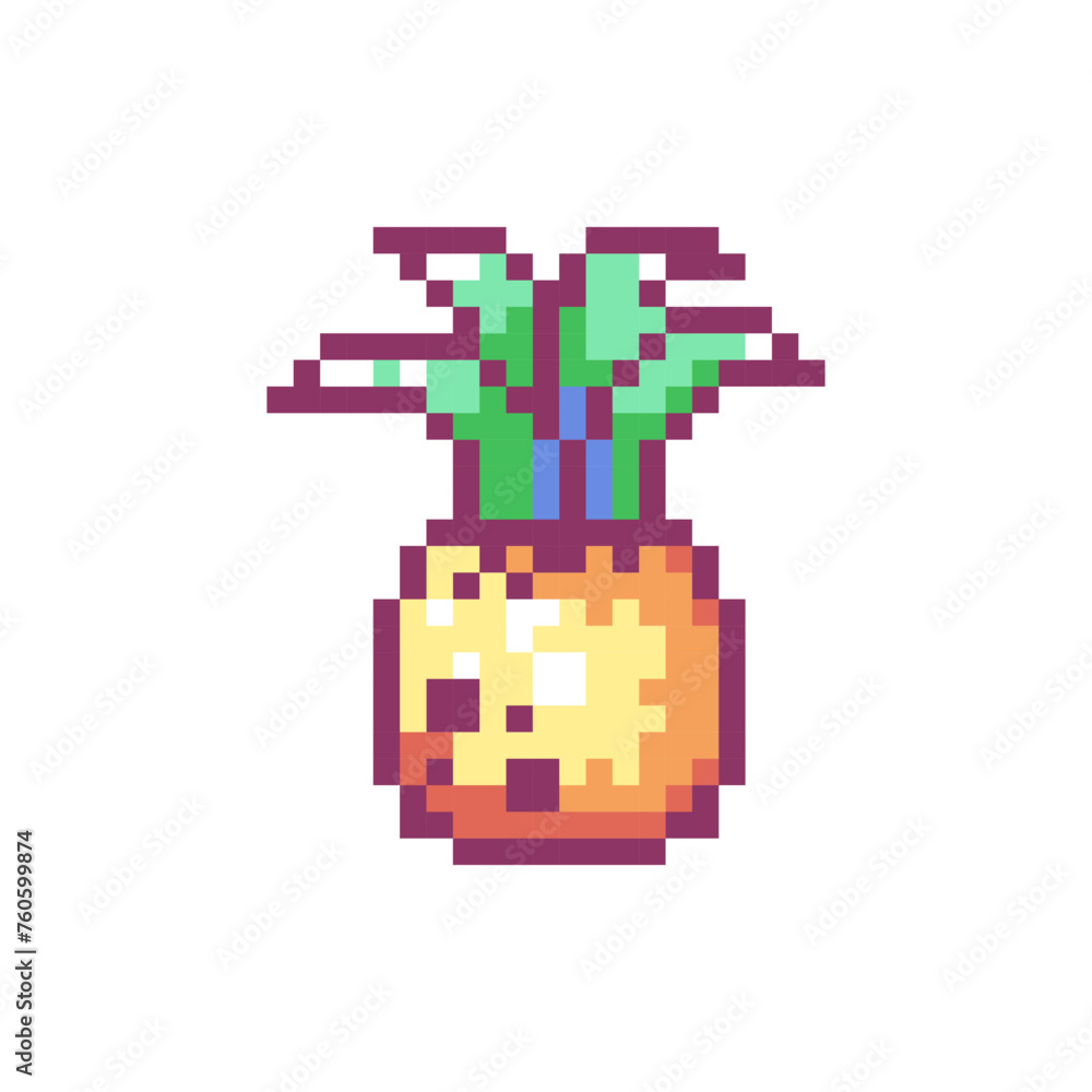 Pixel Art Pineapple Icon. Vector Y2K 8Bit Sticker of Tropical Fruit. Cute Exotic Pine Summer Video Game Element for Graphic Design and Decor.