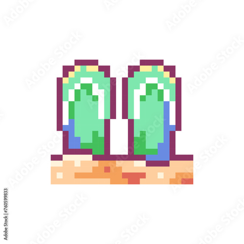 Pixel Art Flip Flops Icon. Vector Y2K 8Bit Sticker of Summer Sandals. Cute Green Beach Shoes Video Game Element for Relaxing Vacation Design.