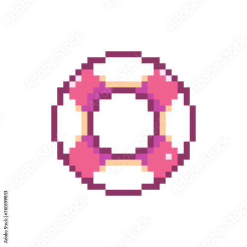Pixel Art Lifebuoy Icon. Vector Y2K 8Bit Sticker of Life Ring. Cute Summer Rescue Gear Video Game Element for Beach Graphic Design.