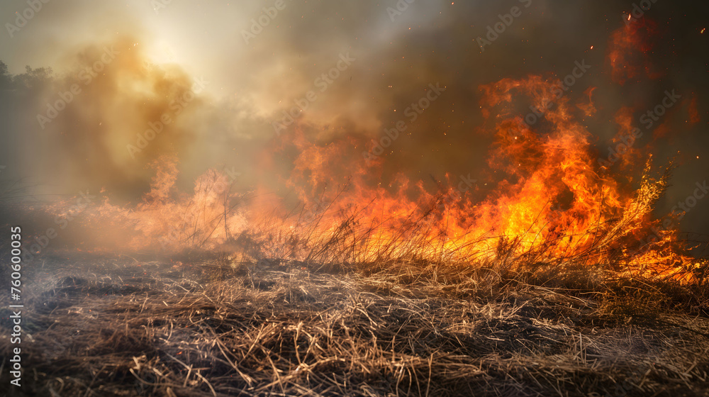 Inferno at twilight, ferocious flames consuming grassland. Evokes urgency for fire safety, environmental protection. For use in emergency services training, environmental campaigns, awareness material
