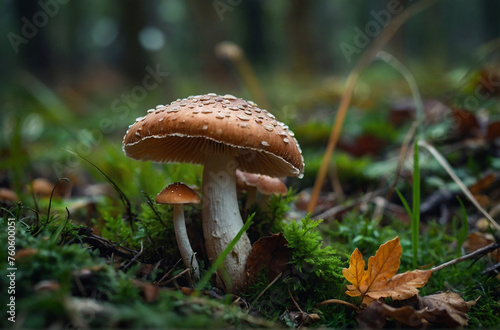 beautiful closeup of forest mushrooms in grass autumn