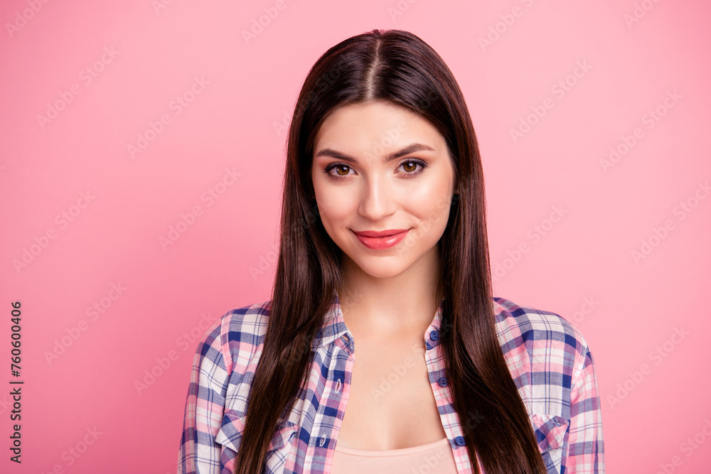 Close up photo amazing beautiful her she lady perfect brown eyes long straight hair attractive beaming smile wear casual checkered plaid shirt clothes outfit isolated pink bright background Close up photo amazing beautiful her she lady perfect brown eyes long straight hair attractive beaming smile wear casual checkered plaid shirt clothes outfit isolated pink bright background