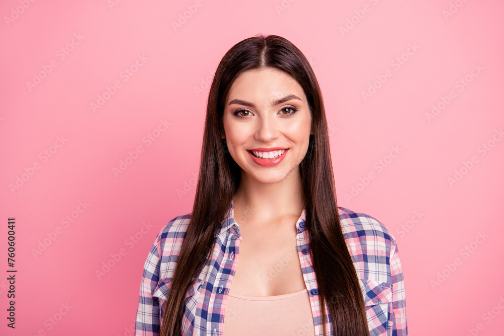 Close up photo amazing beautiful her she lady perfect brown eyes long straight hair white teeth beaming smile wear casual checkered plaid shirt clothes outfit isolated pink bright background Close up photo amazing beautiful her she lady perfect brown eyes long straight hair white teeth beaming smile wear casual checkered plaid shirt clothes outfit isolated pink bright background