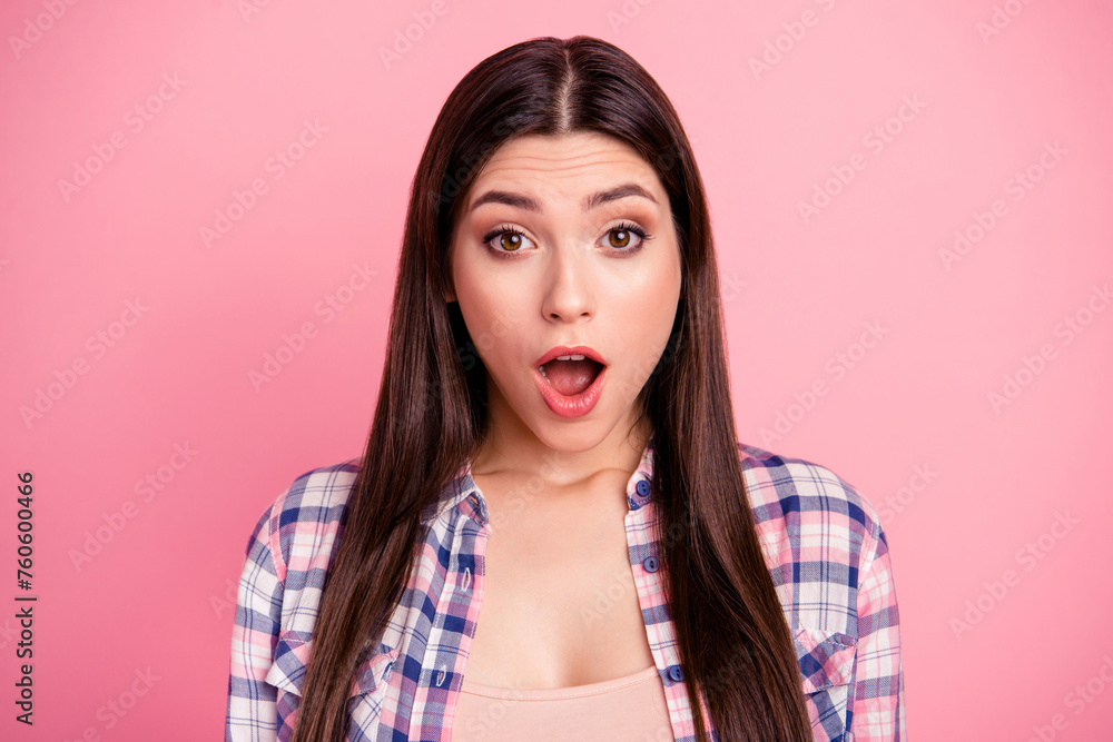 Fototapeta premium Close up photo amazing beautiful her she lady perfect brown big eyes long straight hair opened mouth wondered ecstatic wear casual checkered plaid shirt clothes outfit isolated pink bright background