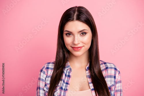 Close up photo amazing beautiful her she lady perfect brown eyes long straight hair attractive beaming smile wear casual checkered plaid shirt clothes outfit isolated pink bright background