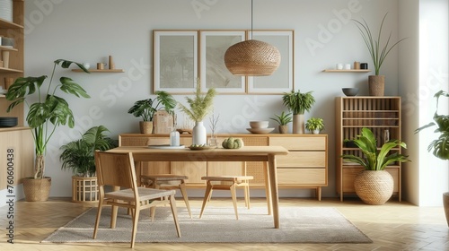 Wooden natural furniture with Scandinavian interior design. Table and chair © woojooo