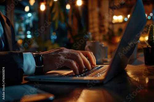 A man in a suit typing on a laptop, suitable for business concepts photo