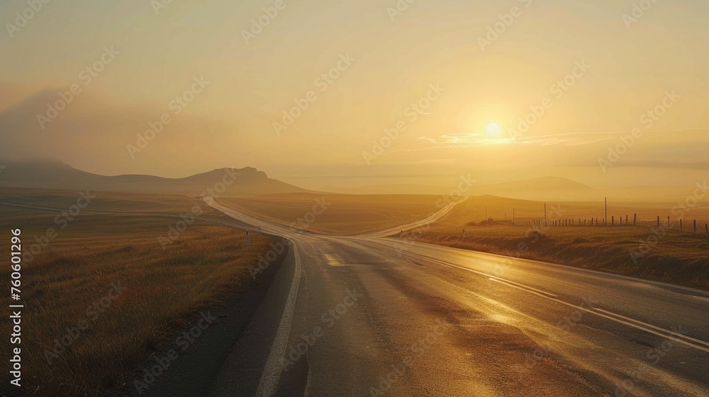 A picturesque view of the sun setting over an empty road. Perfect for travel and nature themes
