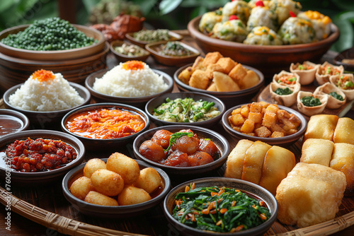 Bowls of traditional Indonesian food on a wooden table.