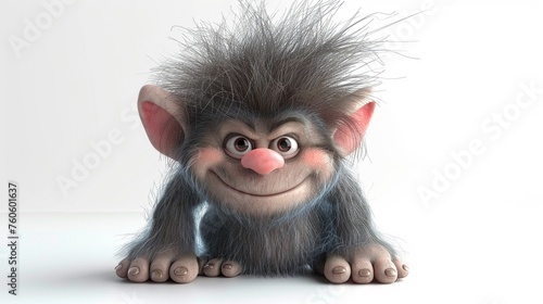 Adorable 3D troll child, with a mischievous grin, isolated on white background