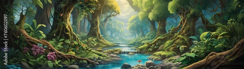 A lush rainforest scene where a small path leads adventurers to a hidden waterfall photo