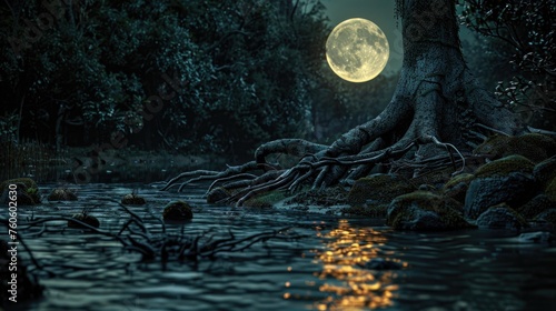 A serene scene of a full moon shining over a river. Suitable for various night-themed projects photo