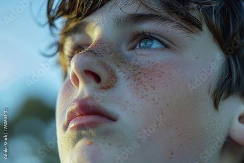 Close up of a person with freckles  suitable for skincare or beauty concepts