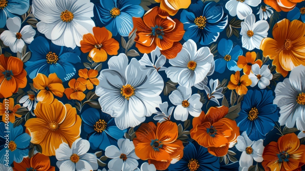 Fototapeta premium Floral pattern is blue, orange, and white