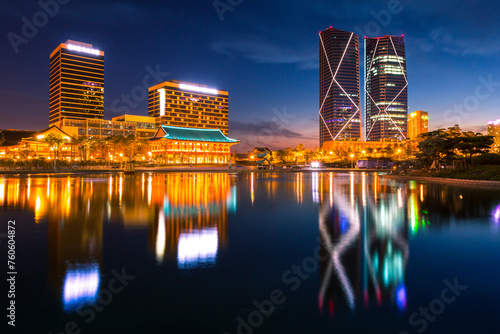 Night view in sumer at Songdo Central Park in Songdo  District, Incheon, South Korea. photo