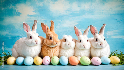 Group of easter bunnies with colorful eggs on blue background