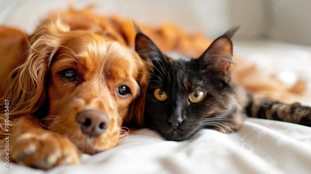 A cat and a dog peacefully laying together on a cozy bed. Suitable for pet lovers or animal-related content A cat and a dog peacefully laying together on a cozy bed. Suitable for pet lovers or animal-related content