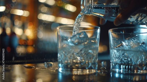 Person pouring water into a glass, suitable for hydration concept photo