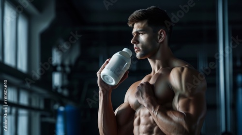 Handsome young man relaxing after exercise and drinking from a shaker