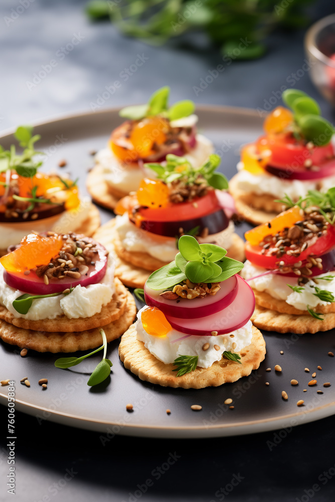 Cream cheese radish crackers. Festive appetizer displayed on plate. Vertical, close-up, side view.
