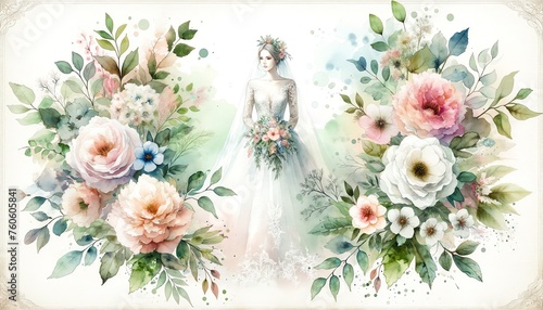 Watercolor painting of a Bride and Flowers