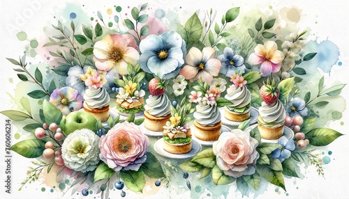 Watercolor painting of Canapés with Flowers © monkik.