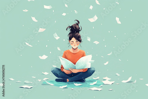 brunette student/ working mother reading a text surrounded by flying papers