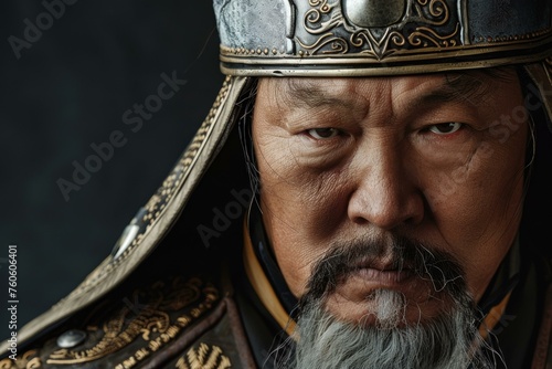 Genghis Khan portrait in Mongolian warrior costume with armor and intense gaze