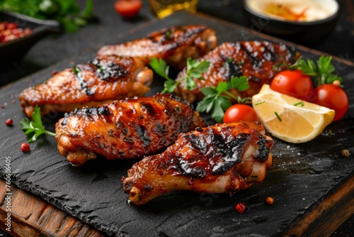 Juicy barbecue chicken wings with spices, lemon, and garnishes displayed on a wooden table