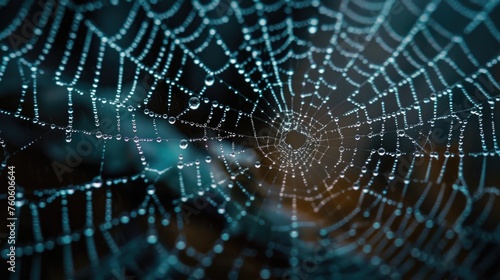 Close-up of spider web with water droplets, suitable for nature-themed designs