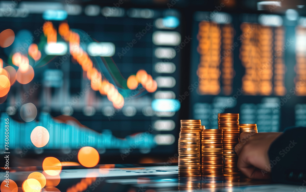 Stock market quotes and gold coins on the screen,created with Generative AI tecnology. Stock market quotes and gold coins on the screen,created with Generative AI tecnology.