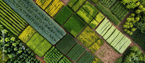 Aerial view of a dynamic patchwork of organic farms. Successful sustainable farming photo