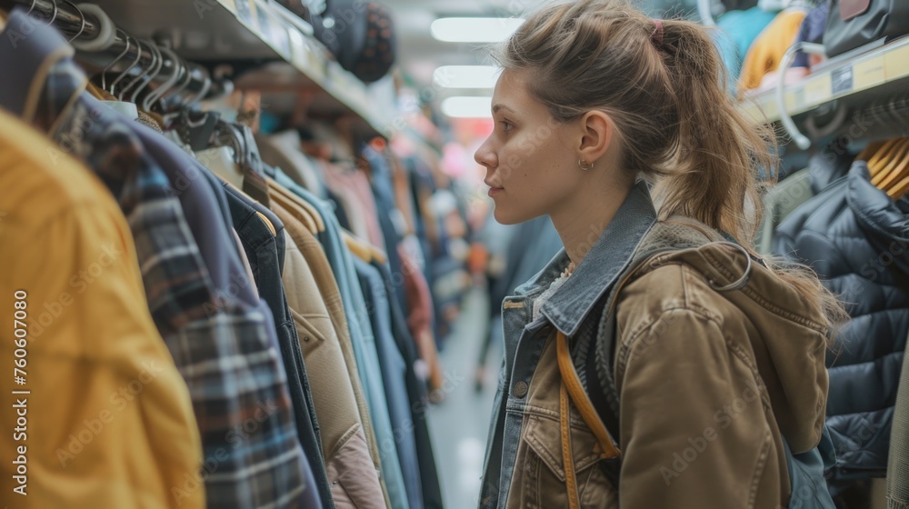 A woman browsing clothes in a store. Ideal for fashion and retail concepts A woman browsing clothes in a store. Ideal for fashion and retail concepts