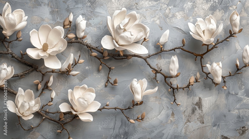 Wallpaper with white magnolias on a gray background 