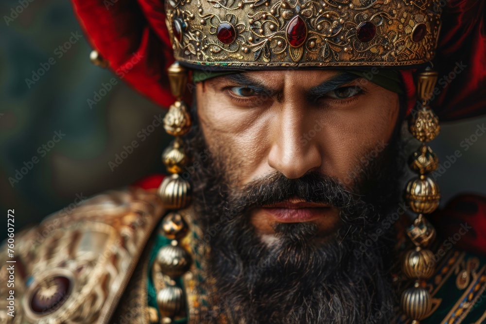 Intense gaze of a historical warrior in majestic costume with Suleiman-inspired crown and beard