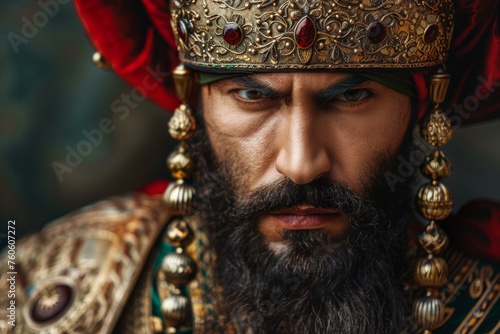 Intense gaze of a historical warrior in majestic costume with Suleiman-inspired crown and beard photo