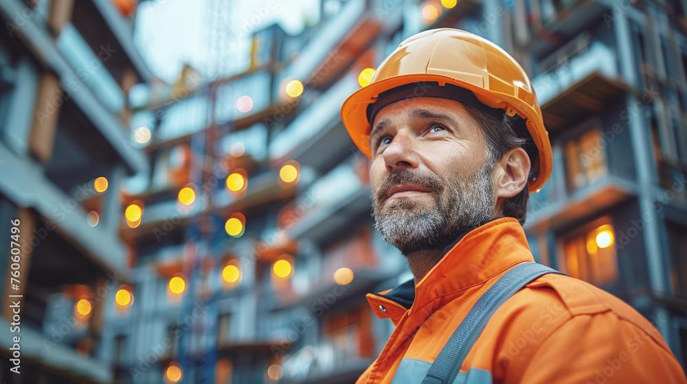 A builder, construction engineer in a hard hat inspects a building at a construction site. A builder, construction engineer in a hard hat inspects a building at a construction site.