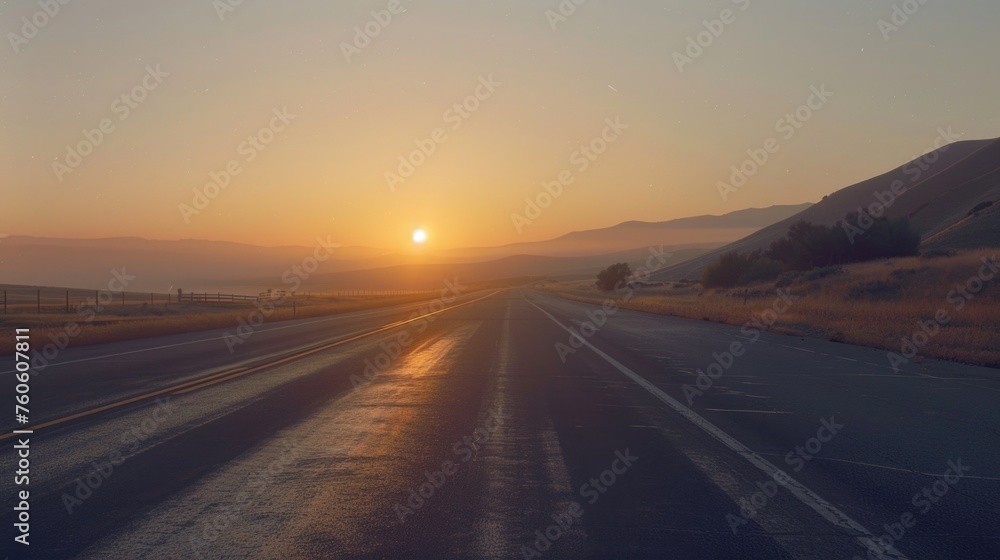 A scenic view of the sun setting on the horizon of a road. Perfect for travel or nature concepts