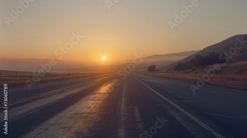 A scenic view of the sun setting on the horizon of a road. Perfect for travel or nature concepts