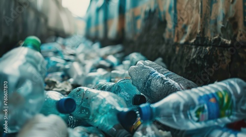 A pile of plastic bottles on a street, suitable for environmental concepts