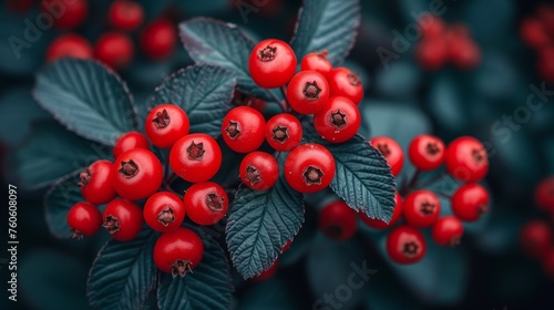  a bunch of red berries sitting on top of a green leafy plant with leaves and berries on top of it. © Jevjenijs