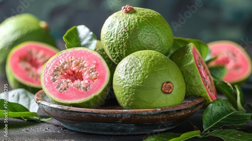  a close up of a bowl of fruit with leaves on the side of the bowl and on the table next to it is a cut in half watermelon.