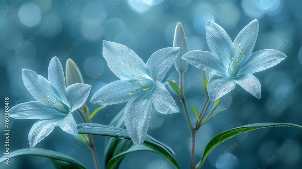 a group of blue flowers sitting on top of a lush green leafy plant filled with lots of water droplets. a group of blue flowers sitting on top of a lush green leafy plant filled with lots of water droplets.