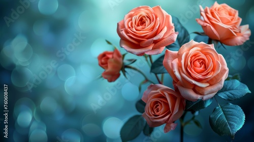  a bunch of pink roses with green leaves on a blue and green boke of blurry lights in the background.