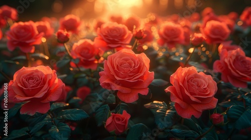  a field full of red roses with the sun shining through the trees in the backgrounnd of the picture.